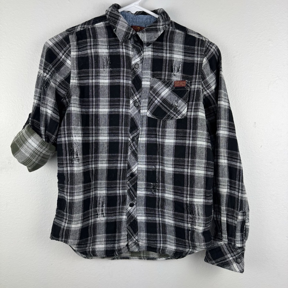 7 FOR ALL MANKIND Long Roll Sleeve Flannel Snap button Distressed shirt - Kids L